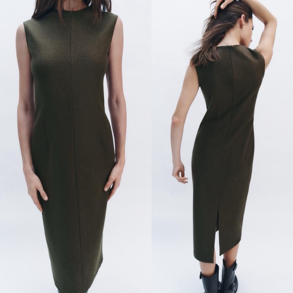 Zara WOOL MIDI DRESS ZW COLLECTION OLIVE GREEN SIZE S NEW